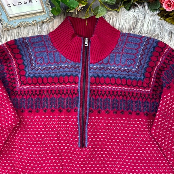Vintage Eddie Bauer Fair Isle Half-Zip Red and Blue Long Sleeve Sweater, L - Picture 1 of 11